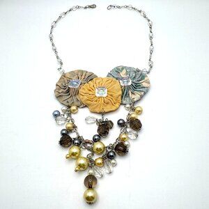 Handmade Fabric Yoyo Necklace Bead Crystal Multistrand Statement Yellow & Blue
